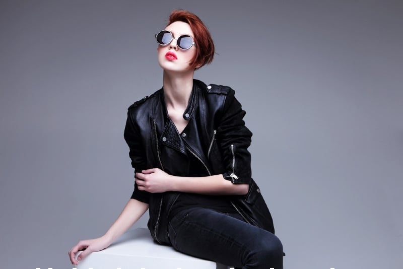 redhead fashion model sunglasses black leather | classic undercut