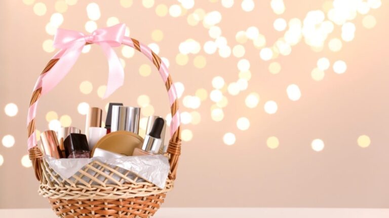 wicker basket cosmetics present against blurred | Easter Basket Ideas For Makeup Lovers | featured