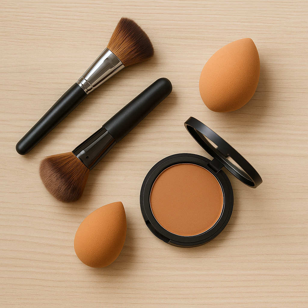 Beauty products used when learning how to apply bronzer
