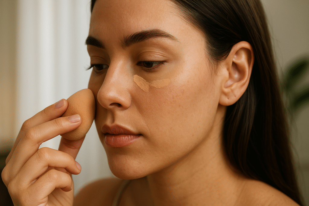 A woman learning how to apply concealer