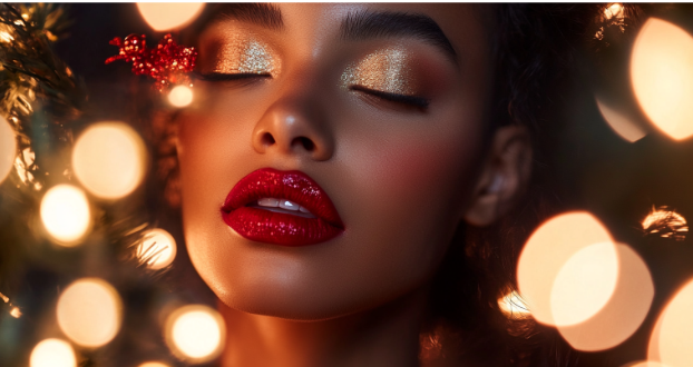 Classic Christmas Glam: Red Lips, Gold Eyes, and Holiday Elegance!